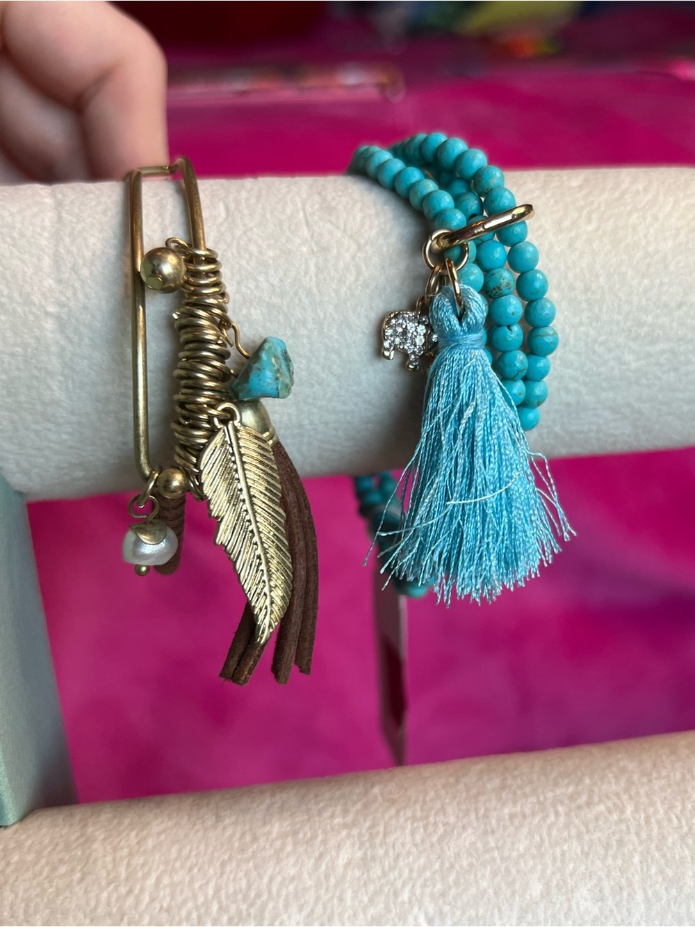 (2) Turquoise Tassel and Feather Charm Bracelets